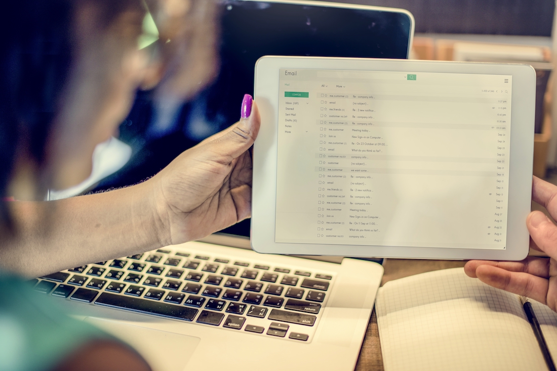 Woman checking Email Correspondence Wireless Communication 